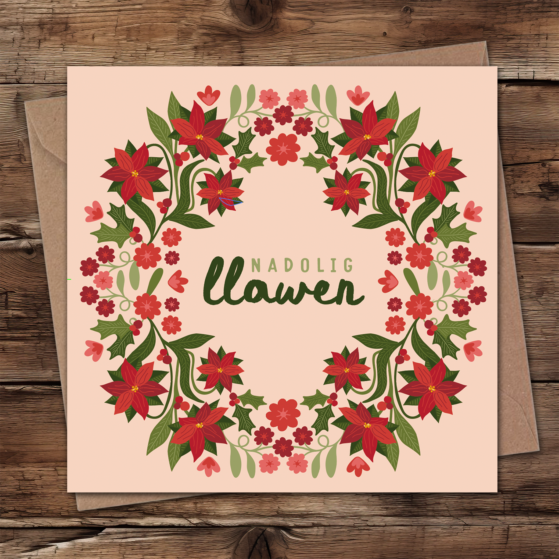 Berry wreath Welsh Christmas card