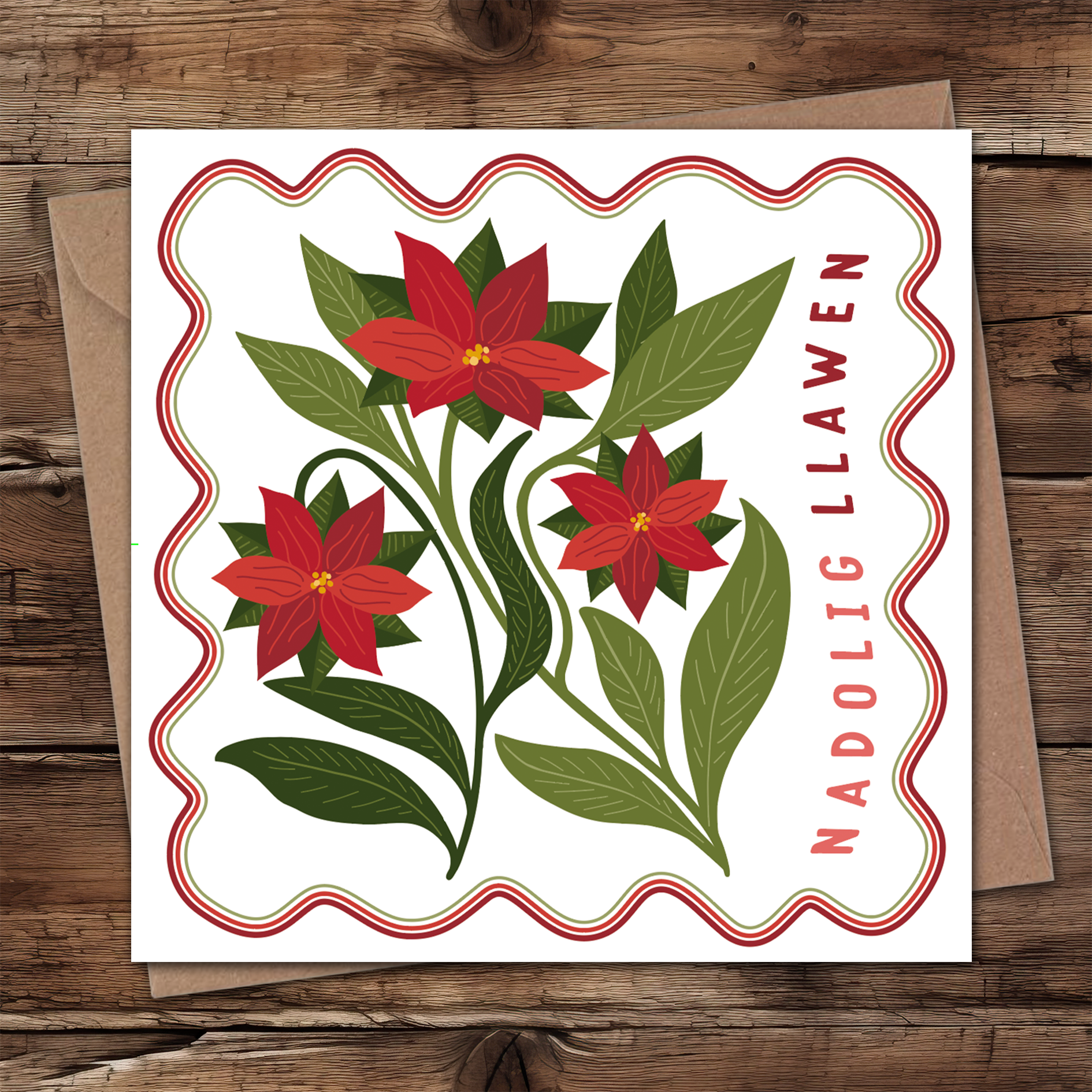 Poinsettia trio Welsh Christmas card