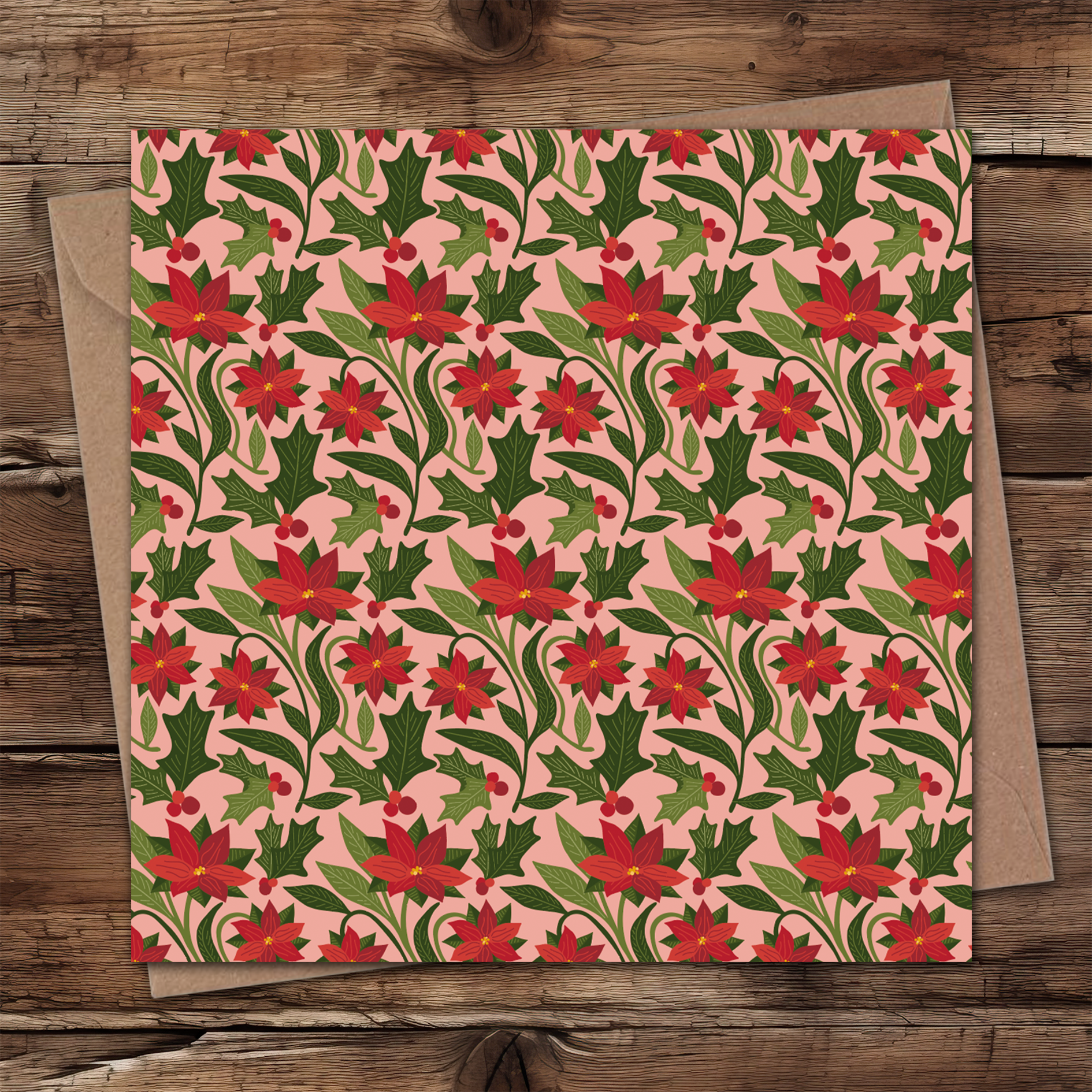 Poinsettia and holly Welsh Christmas card