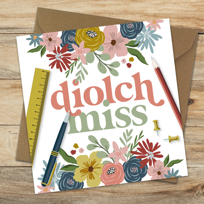 Diolch Miss Florals Welsh Teacher Card